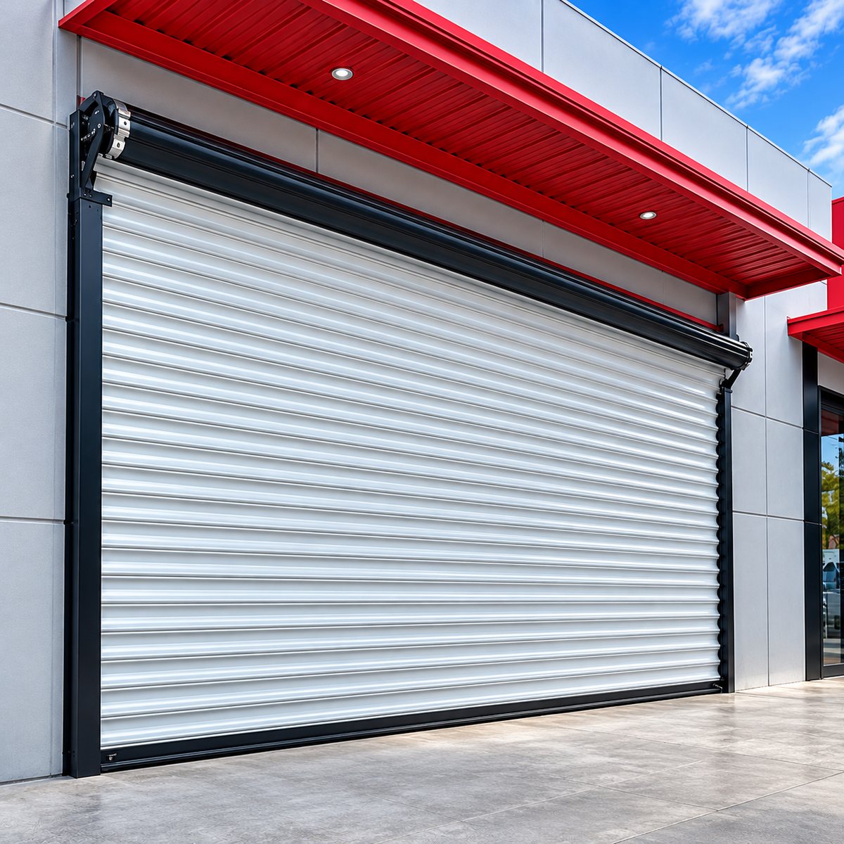 Cortina europeo comercial blanca con marquesina roja
